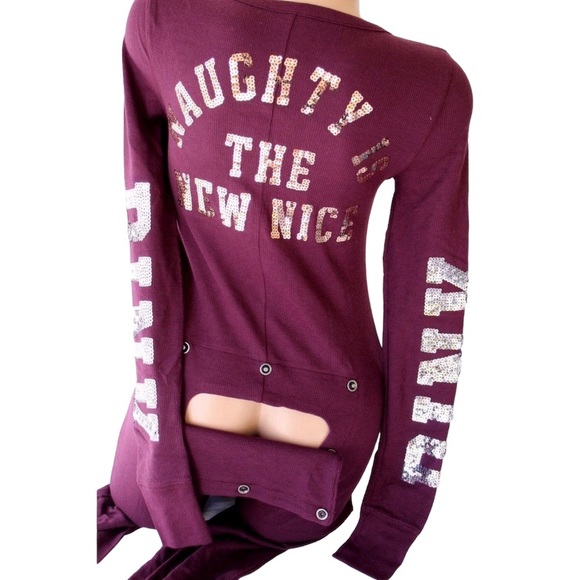 Victoria’s Secret PINK Naughty New Nice Burgundy Sequin Thermal Onesie L - Picture 9 of 13